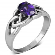 Amethyst CZ Celtic Knot Silver Ring, r443